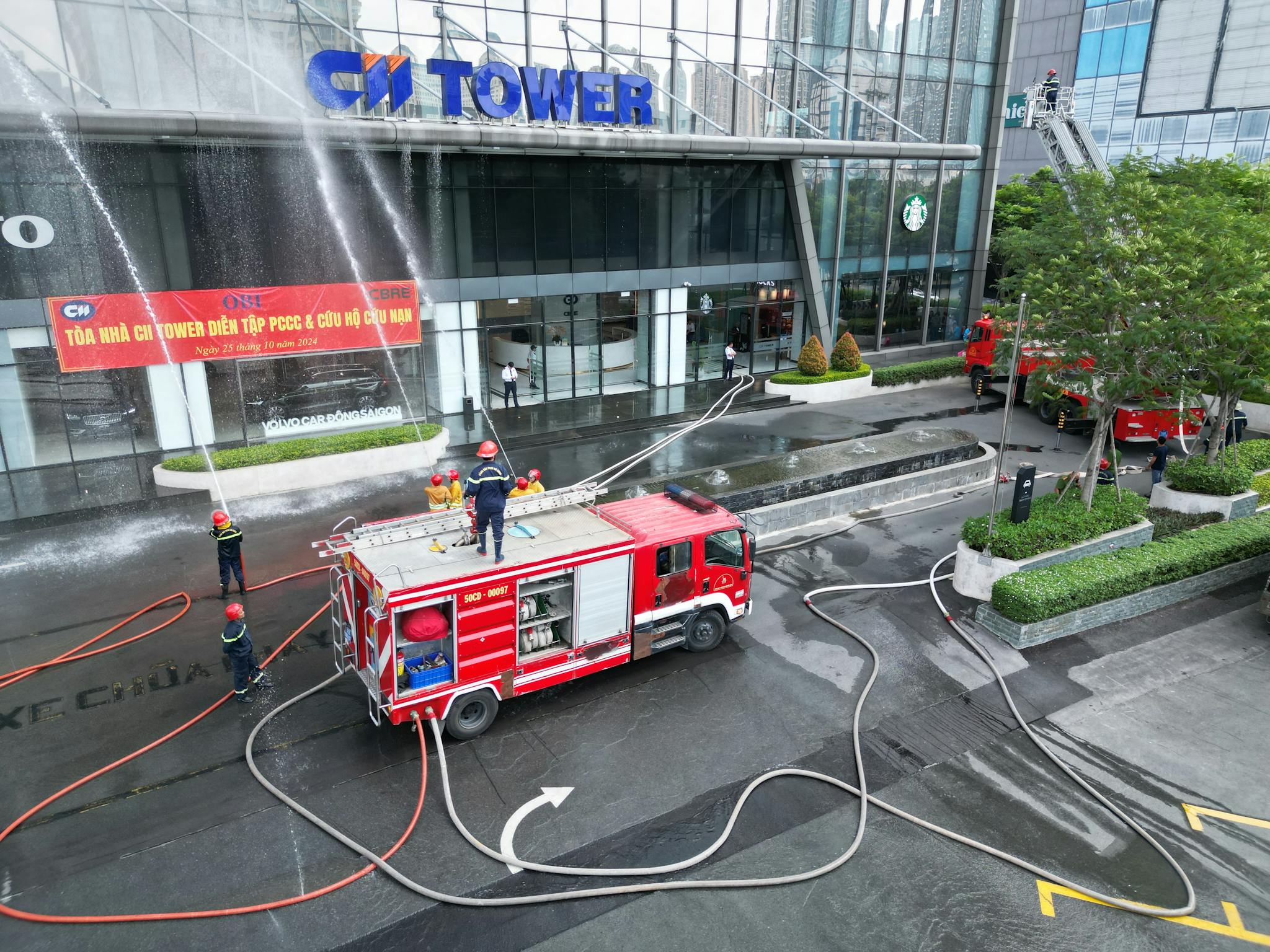 Firefighters conducting a drill at CN Tower, showcasing emergency preparedness.